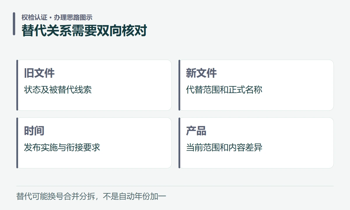 替代关系需要双向核对:旧文件,状态及被替代线索;新文件,代替范围和正式名称;时间,发布实施与衔接要求;产品,当前范围和内容差异