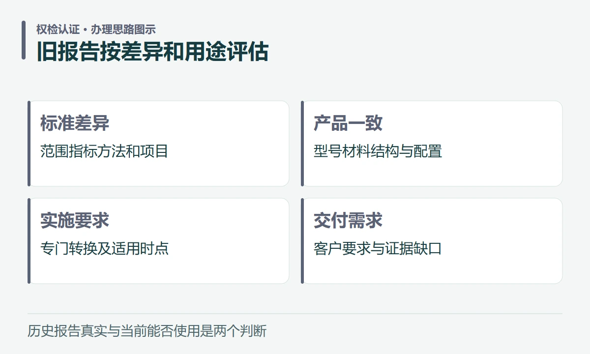 旧报告按差异和用途评估:标准差异,范围指标方法和项目;产品一致,型号材料结构与配置;实施要求,专门转换及适用时点;交付需求,客户要求与证据缺口