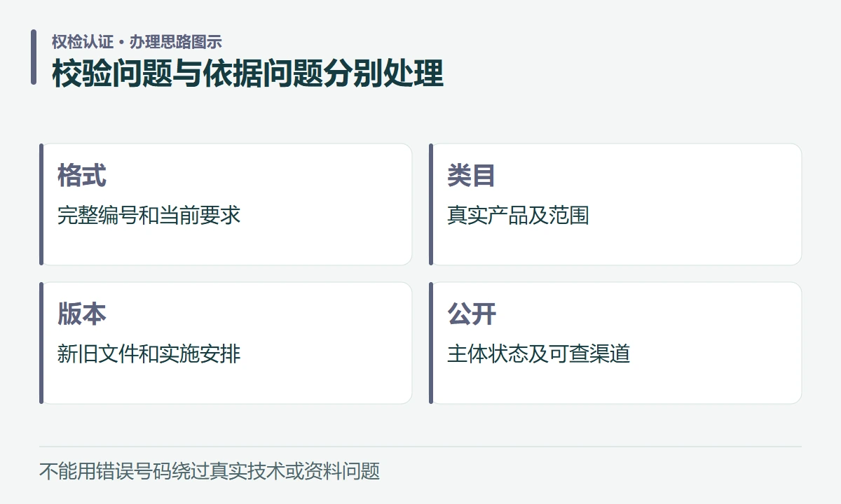 校验问题与依据问题分别处理:格式,完整编号和当前要求;类目,真实产品及范围;版本,新旧文件和实施安排;公开,主体状态及可查渠道