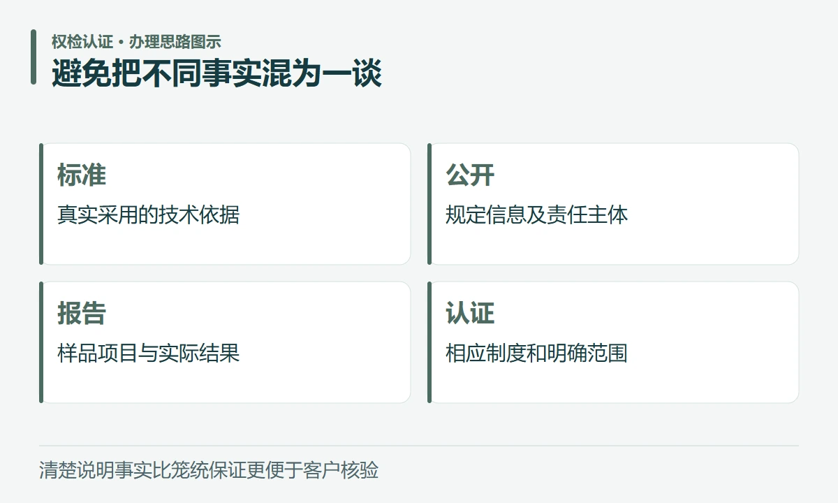 避免把不同事实混为一谈:标准,真实采用的技术依据;公开,规定信息及责任主体;报告,样品项目与实际结果;认证,相应制度和明确范围
