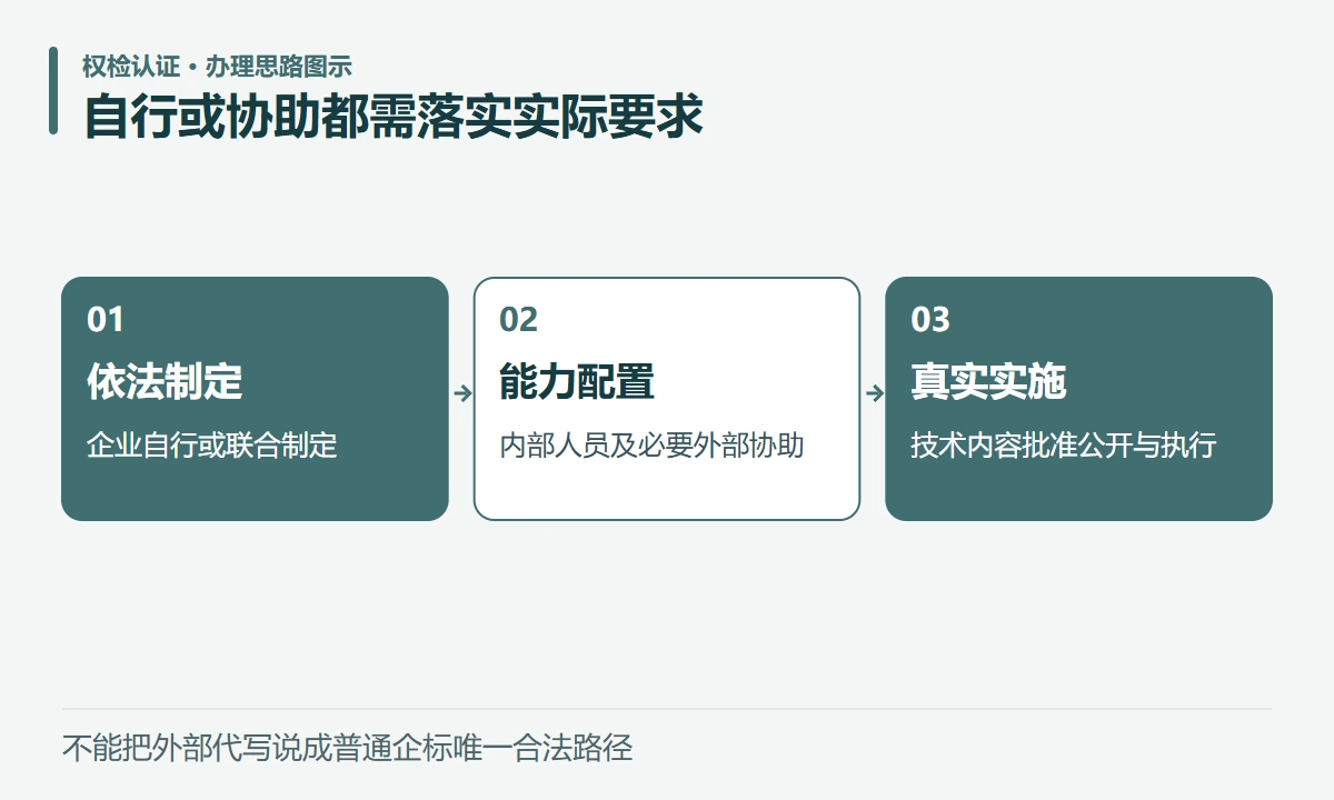 自行或协助都需落实实际要求:依法制定,企业自行或联合制定;能力配置,内部人员及必要外部协助;真实实施,技术内容批准公开与执行