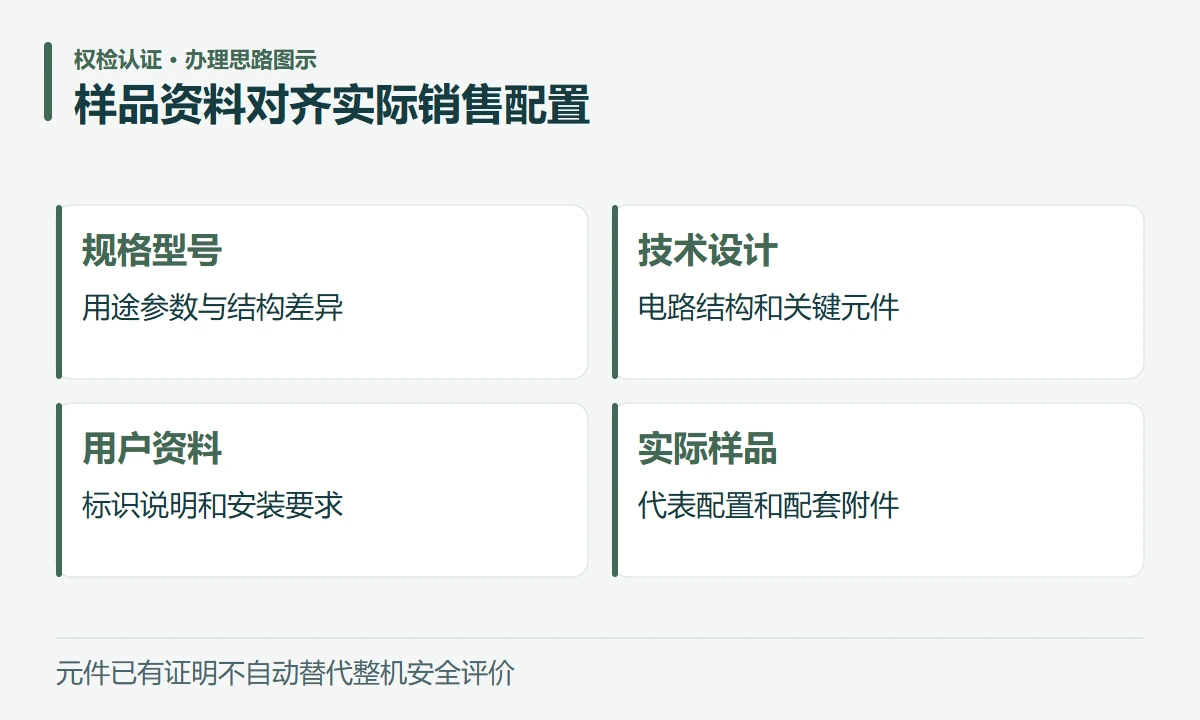 样品资料对齐实际销售配置:规格型号,用途参数与结构差异;技术设计,电路结构和关键元件;用户资料,标识说明和安装要求;实际样品,代表配置和配套附件