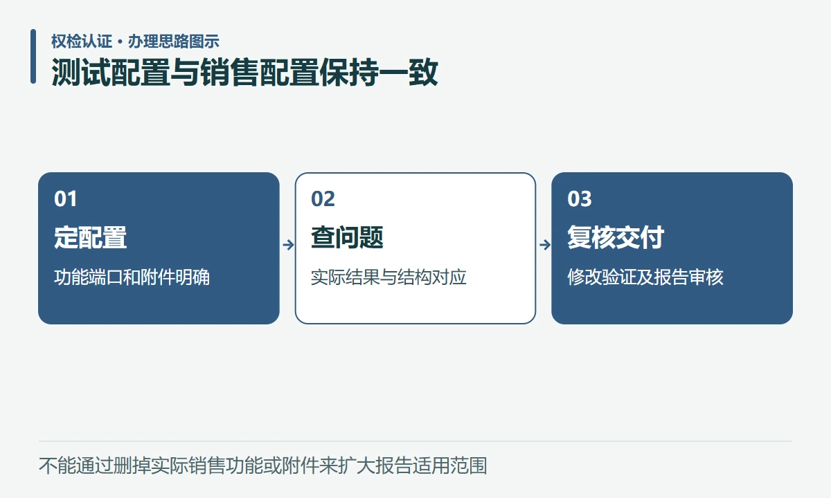 测试配置与销售配置保持一致:定配置,功能端口和附件明确;查问题,实际结果与结构对应;复核交付,修改验证及报告审核
