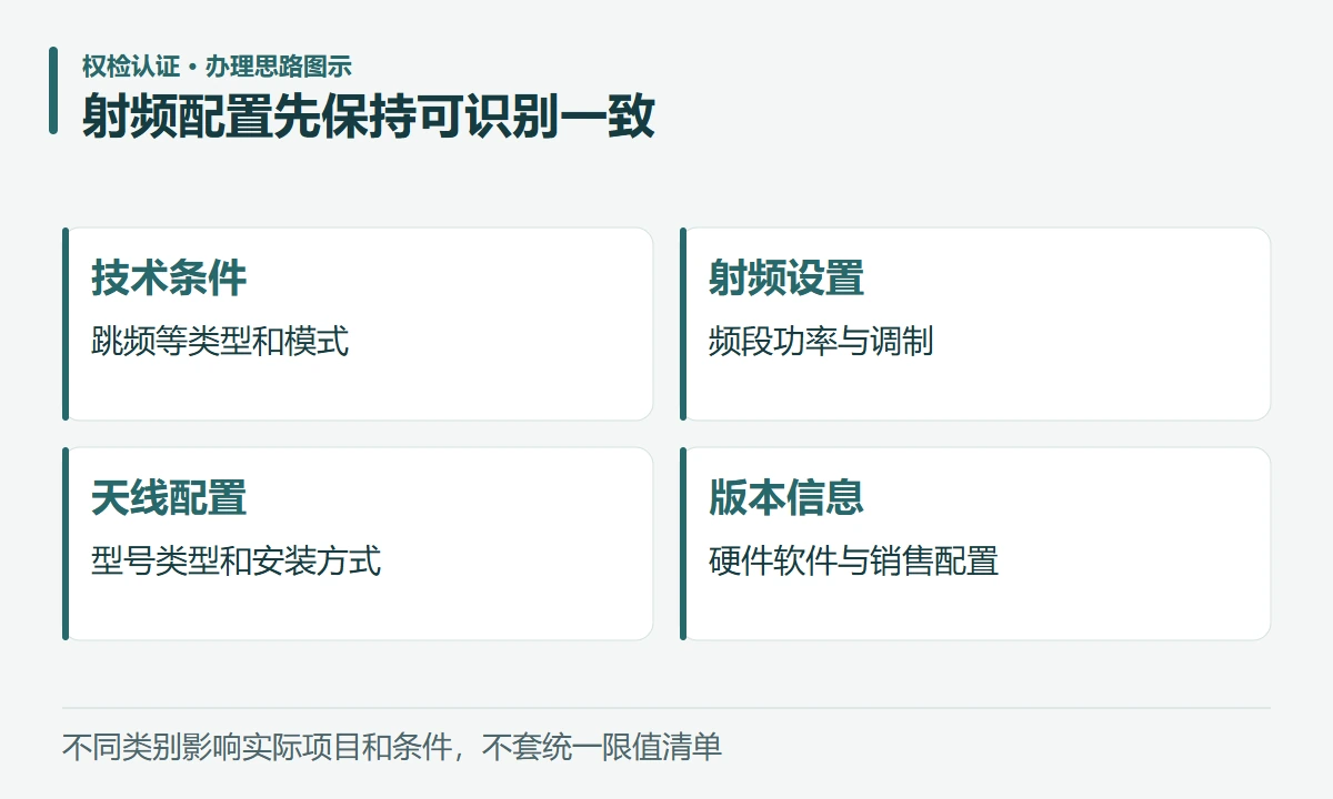 射频配置先保持可识别一致:技术条件,跳频等类型和模式;射频设置,频段功率与调制;天线配置,型号类型和安装方式;版本信息,硬件软件与销售配置