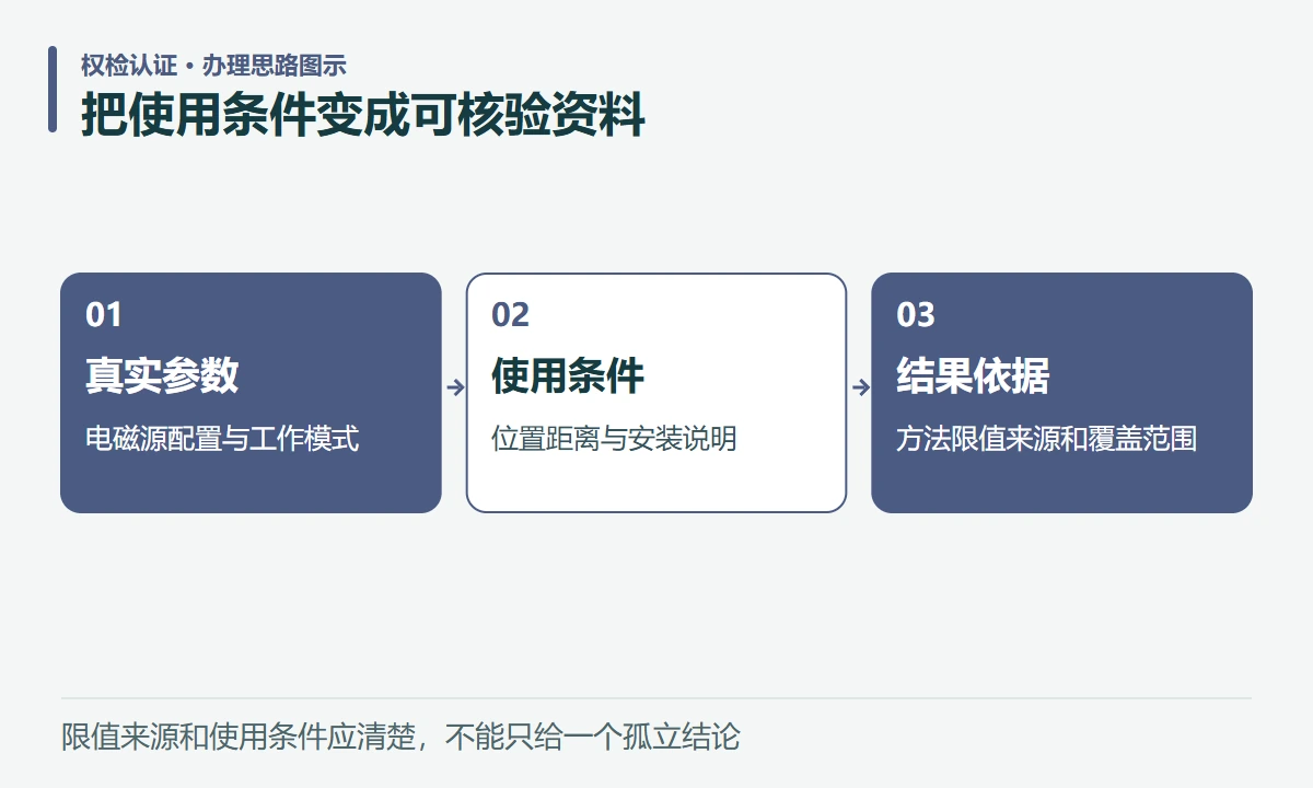 把使用条件变成可核验资料:真实参数,电磁源配置与工作模式;使用条件,位置距离与安装说明;结果依据,方法限值来源和覆盖范围