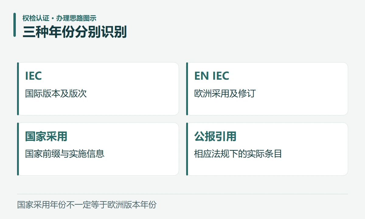 三种年份分别识别:IEC,国际版本及版次;EN IEC,欧洲采用及修订;国家采用,国家前缀与实施信息;公报引用,相应法规下的实际条目