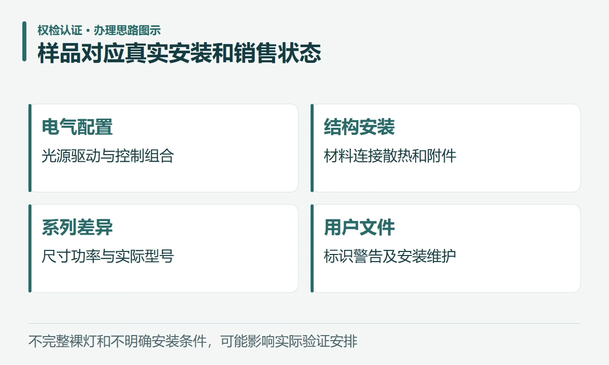 样品对应真实安装和销售状态:电气配置,光源驱动与控制组合;结构安装,材料连接散热和附件;系列差异,尺寸功率与实际型号;用户文件,标识警告及安装维护
