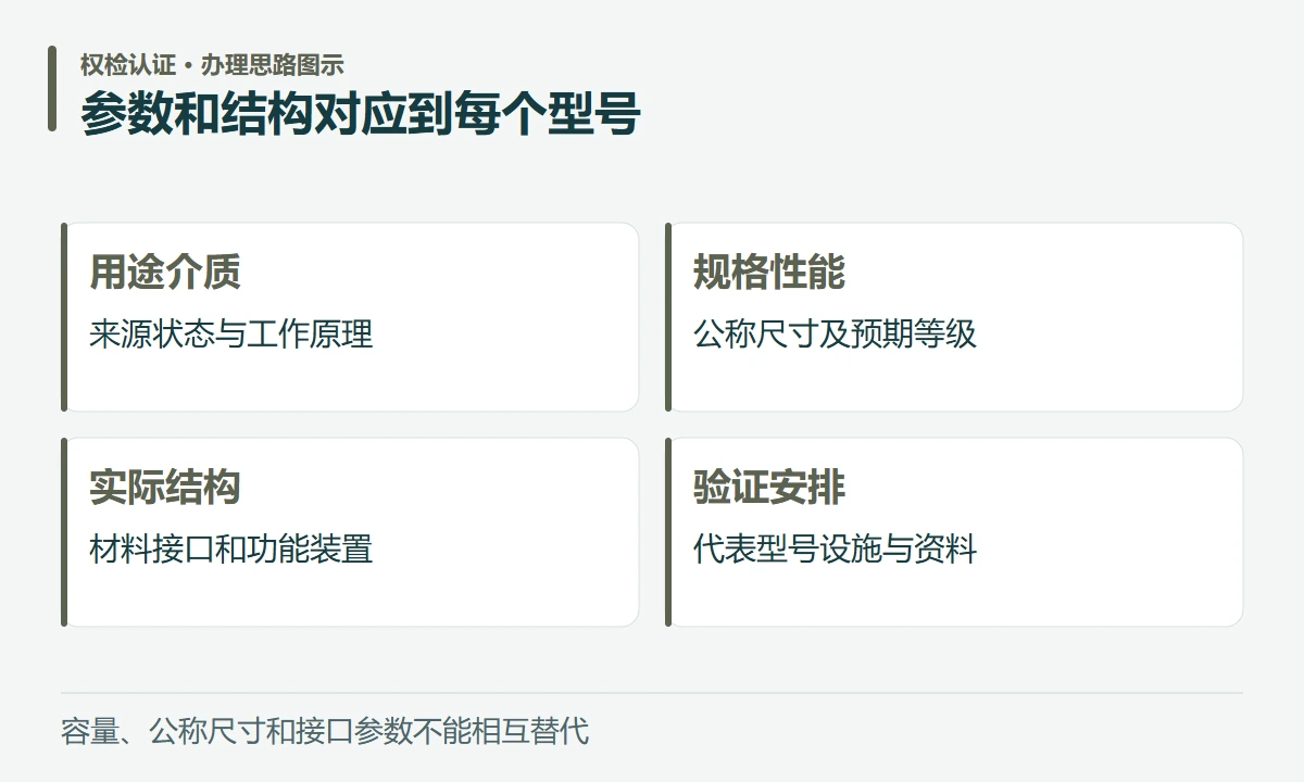 参数和结构对应到每个型号:用途介质,来源状态与工作原理;规格性能,公称尺寸及预期等级;实际结构,材料接口和功能装置;验证安排,代表型号设施与资料
