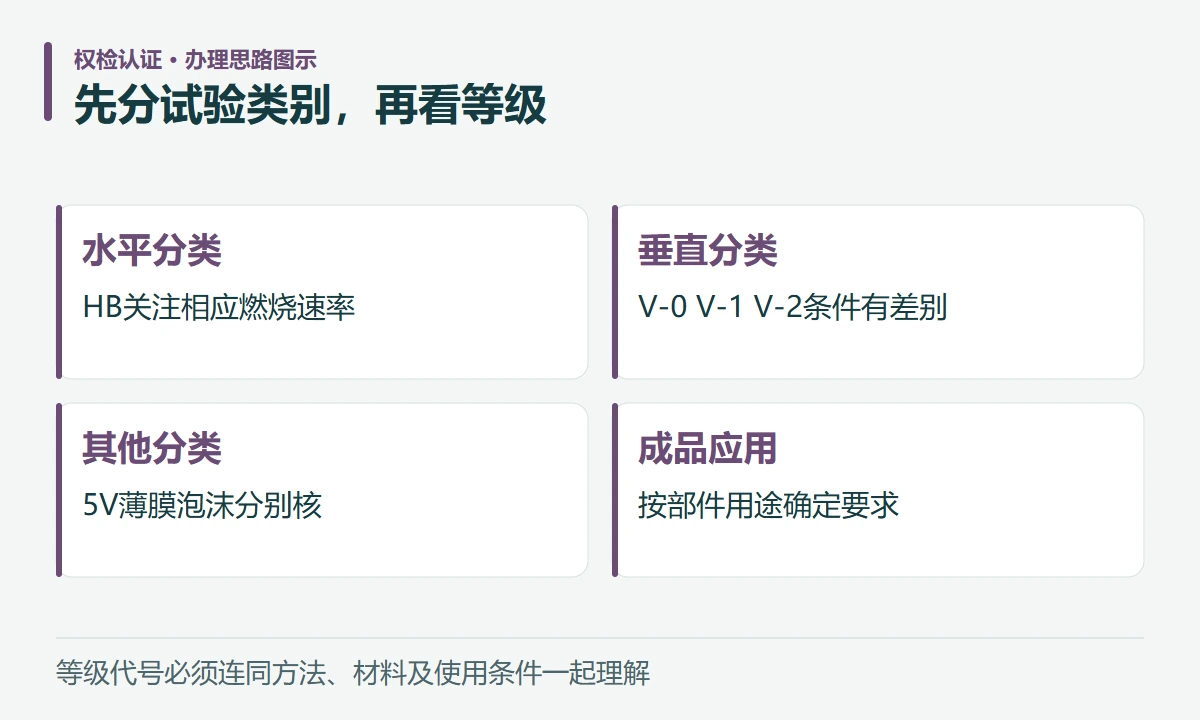 先分试验类别,再看等级:水平分类,HB关注相应燃烧速率;垂直分类,V-0 V-1 V-2条件有差别;其他分类,5V薄膜泡沫分别核;成品应用,按部件用途确定要求