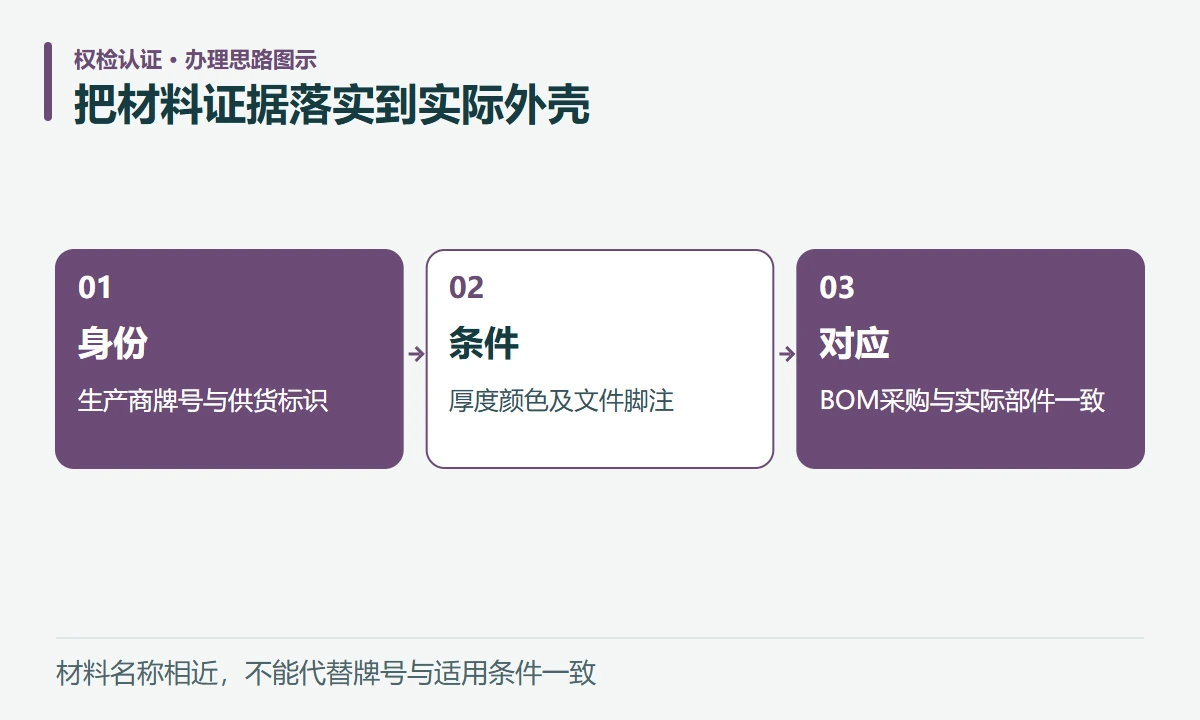 把材料证据落实到实际外壳:身份,生产商牌号与供货标识;条件,厚度颜色及文件脚注;对应,BOM采购与实际部件一致