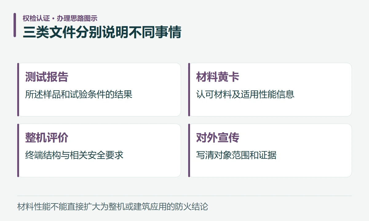 三类文件分别说明不同事情:测试报告,所述样品和试验条件的结果;材料黄卡,认可材料及适用性能信息;整机评价,终端结构与相关安全要求;对外宣传,写清对象范围和证据