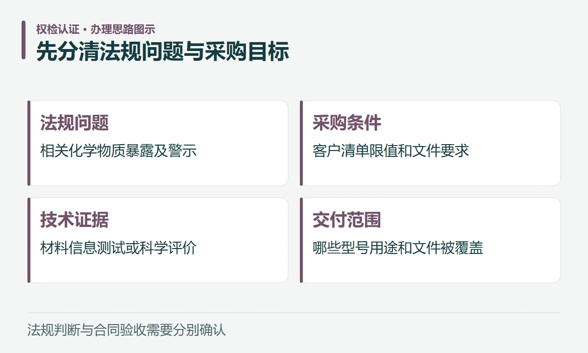 先分清法规问题与采购目标:法规问题,相关化学物质暴露及警示;采购条件,客户清单限值和文件要求;技术证据,材料信息测试或科学评价;交付范围,哪些型号用途和文件被覆盖