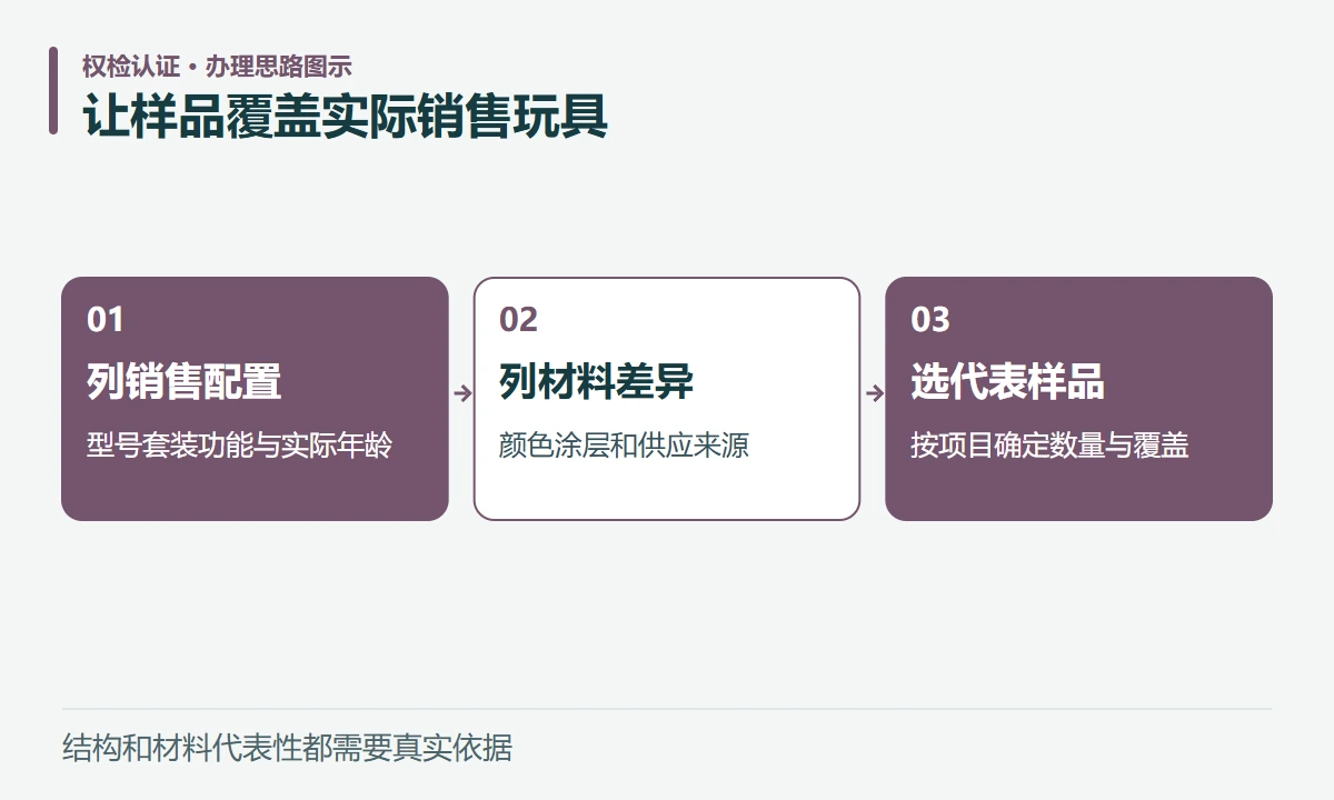 让样品覆盖实际销售玩具:列销售配置,型号套装功能与实际年龄;列材料差异,颜色涂层和供应来源;选代表样品,按项目确定数量与覆盖