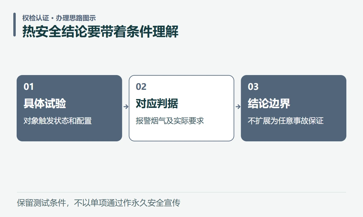 热安全结论要带着条件理解:具体试验,对象触发状态和配置;对应判据,报警烟气及实际要求;结论边界,不扩展为任意事故保证