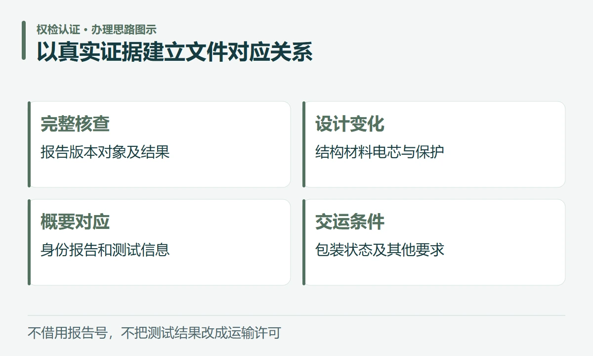 以真实证据建立文件对应关系:完整核查,报告版本对象及结果;设计变化,结构材料电芯与保护;概要对应,身份报告和测试信息;交运条件,包装状态及其他要求
