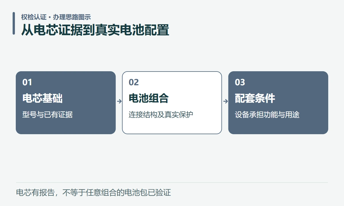 从电芯证据到真实电池配置:电芯基础,型号与已有证据;电池组合,连接结构及真实保护;配套条件,设备承担功能与用途