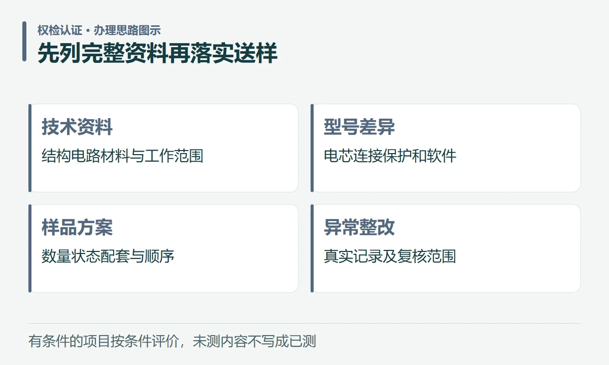 先列完整资料再落实送样:技术资料,结构电路材料与工作范围;型号差异,电芯连接保护和软件;样品方案,数量状态配套与顺序;异常整改,真实记录及复核范围