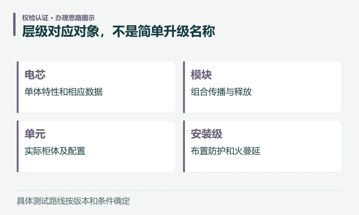 层级对应对象,不是简单升级名称:电芯,单体特性和相应数据;模块,组合传播与释放;单元,实际柜体及配置;安装级,布置防护和火蔓延