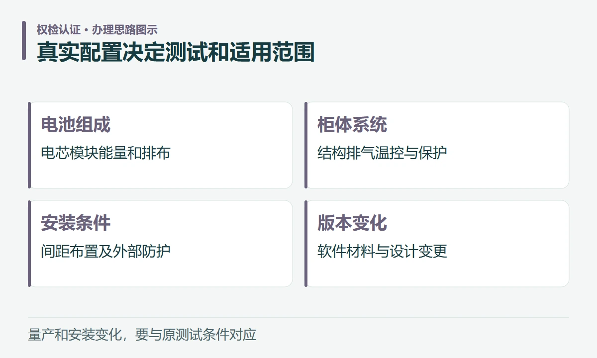 真实配置决定测试和适用范围:电池组成,电芯模块能量和排布;柜体系统,结构排气温控与保护;安装条件,间距布置及外部防护;版本变化,软件材料与设计变更