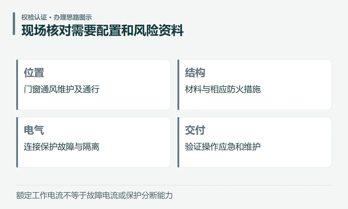 现场核对需要配置和风险资料:位置,门窗通风维护及通行;结构,材料与相应防火措施;电气,连接保护故障与隔离;交付,验证操作应急和维护