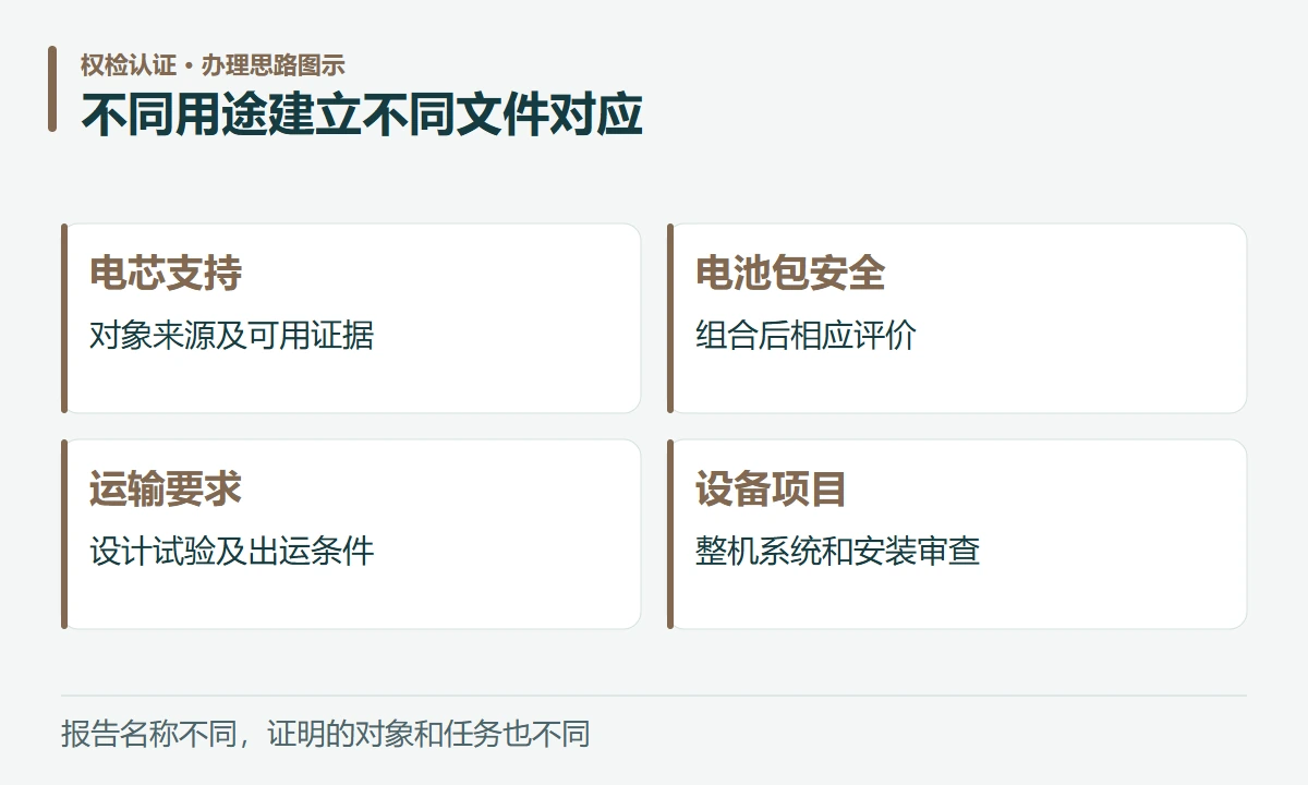 不同用途建立不同文件对应:电芯支持,对象来源及可用证据;电池包安全,组合后相应评价;运输要求,设计试验及出运条件;设备项目,整机系统和安装审查