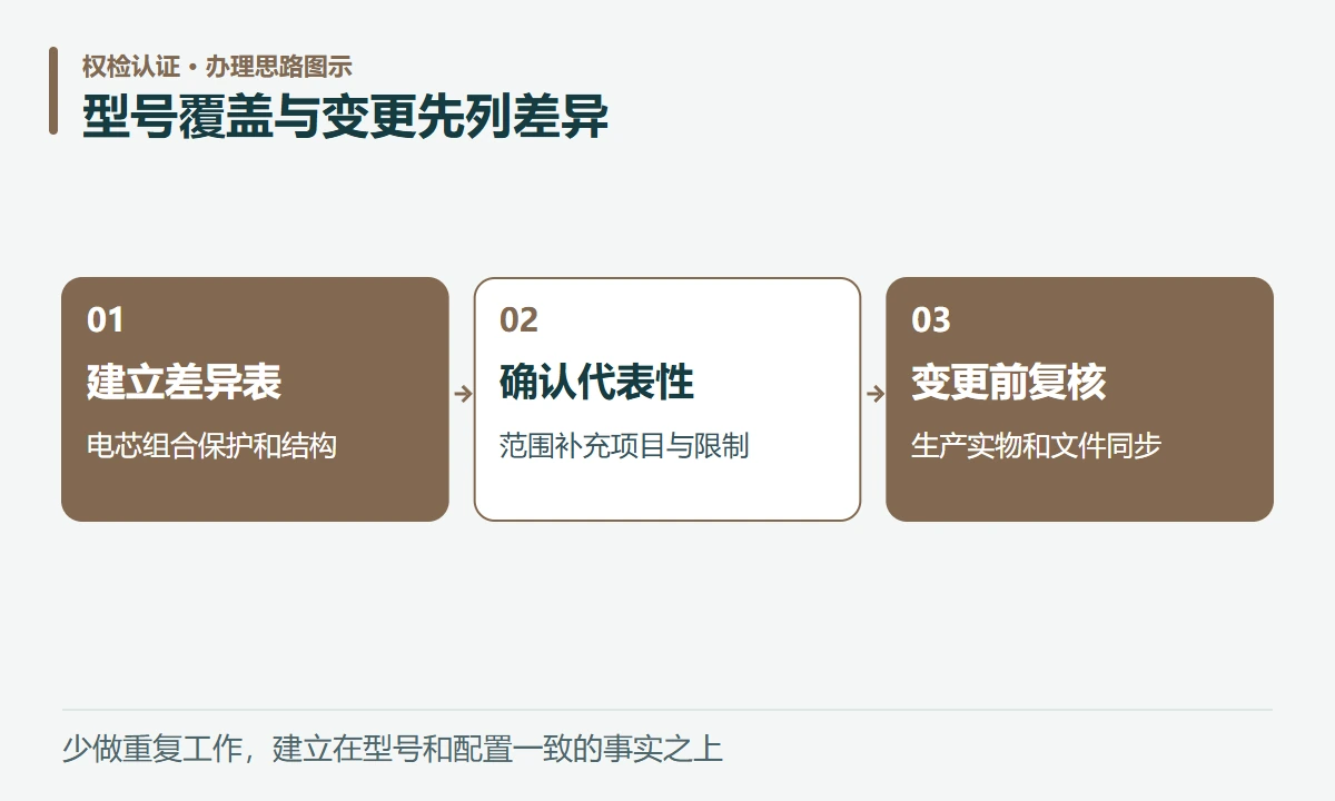 型号覆盖与变更先列差异:建立差异表,电芯组合保护和结构;确认代表性,范围补充项目与限制;变更前复核,生产实物和文件同步
