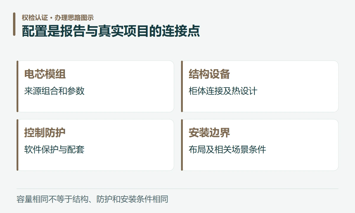 配置是报告与真实项目的连接点:电芯模组,来源组合和参数;结构设备,柜体连接及热设计;控制防护,软件保护与配套;安装边界,布局及相关场景条件