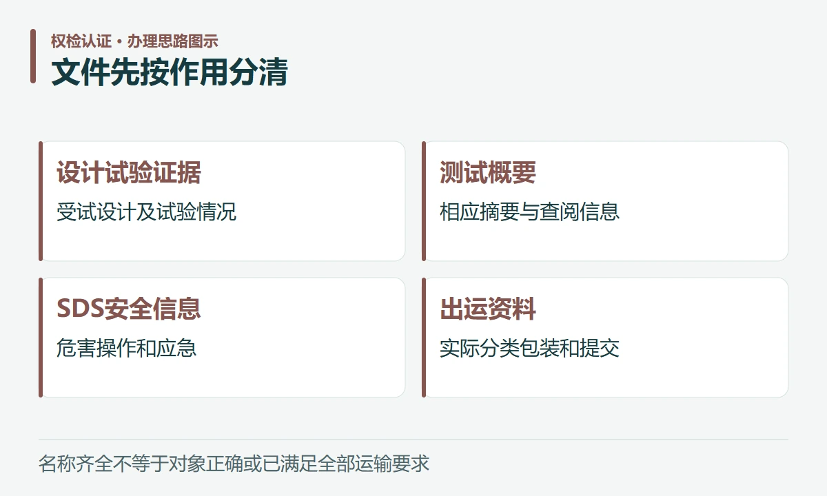 文件先按作用分清:设计试验证据,受试设计及试验情况;测试概要,相应摘要与查阅信息;SDS安全信息,危害操作和应急;出运资料,实际分类包装和提交