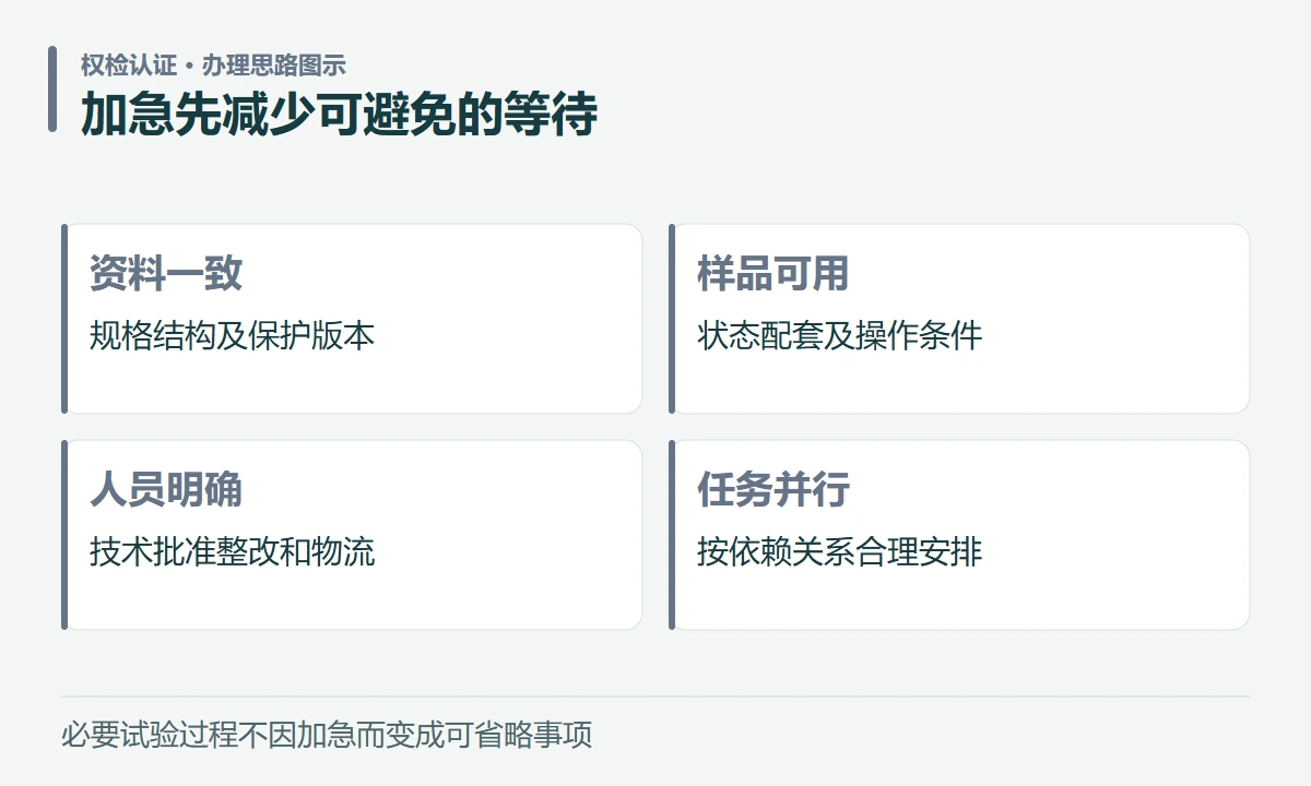 加急先减少可避免的等待:资料一致,规格结构及保护版本;样品可用,状态配套及操作条件;人员明确,技术批准整改和物流;任务并行,按依赖关系合理安排