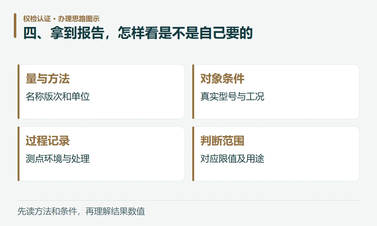 四、拿到报告,怎样看是不是自己要的:量与方法,名称版次和单位;对象条件,真实型号与工况;过程记录,测点环境与处理;判断范围,对应限值及用途