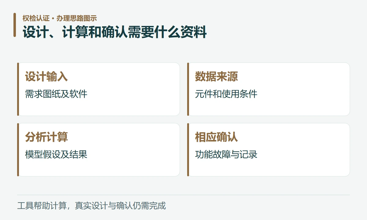 设计、计算和确认需要什么资料:设计输入,需求图纸及软件;数据来源,元件和使用条件;分析计算,模型假设及结果;相应确认,功能故障与记录