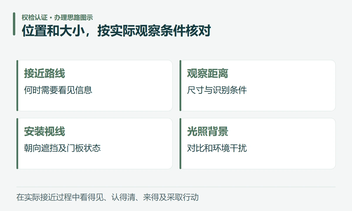 位置和大小,按实际观察条件核对:接近路线,何时需要看见信息;观察距离,尺寸与识别条件;安装视线,朝向遮挡及门板状态;光照背景,对比和环境干扰