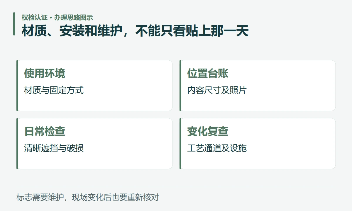 材质、安装和维护,不能只看贴上那一天:使用环境,材质与固定方式;位置台账,内容尺寸及照片;日常检查,清晰遮挡与破损;变化复查,工艺通道及设施