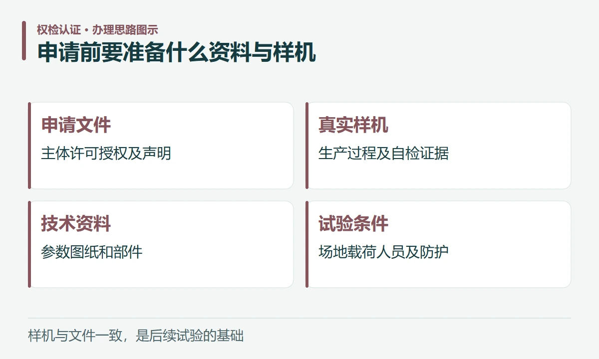 申请前要准备什么资料与样机:申请文件,主体许可授权及声明;真实样机,生产过程及自检证据;技术资料,参数图纸和部件;试验条件,场地载荷人员及防护