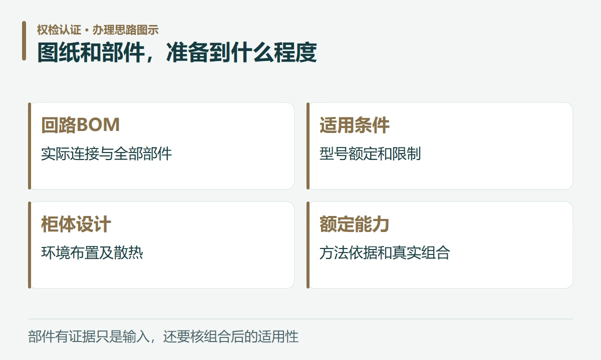 图纸和部件,准备到什么程度:回路BOM,实际连接与全部部件;适用条件,型号额定和限制;柜体设计,环境布置及散热;额定能力,方法依据和真实组合