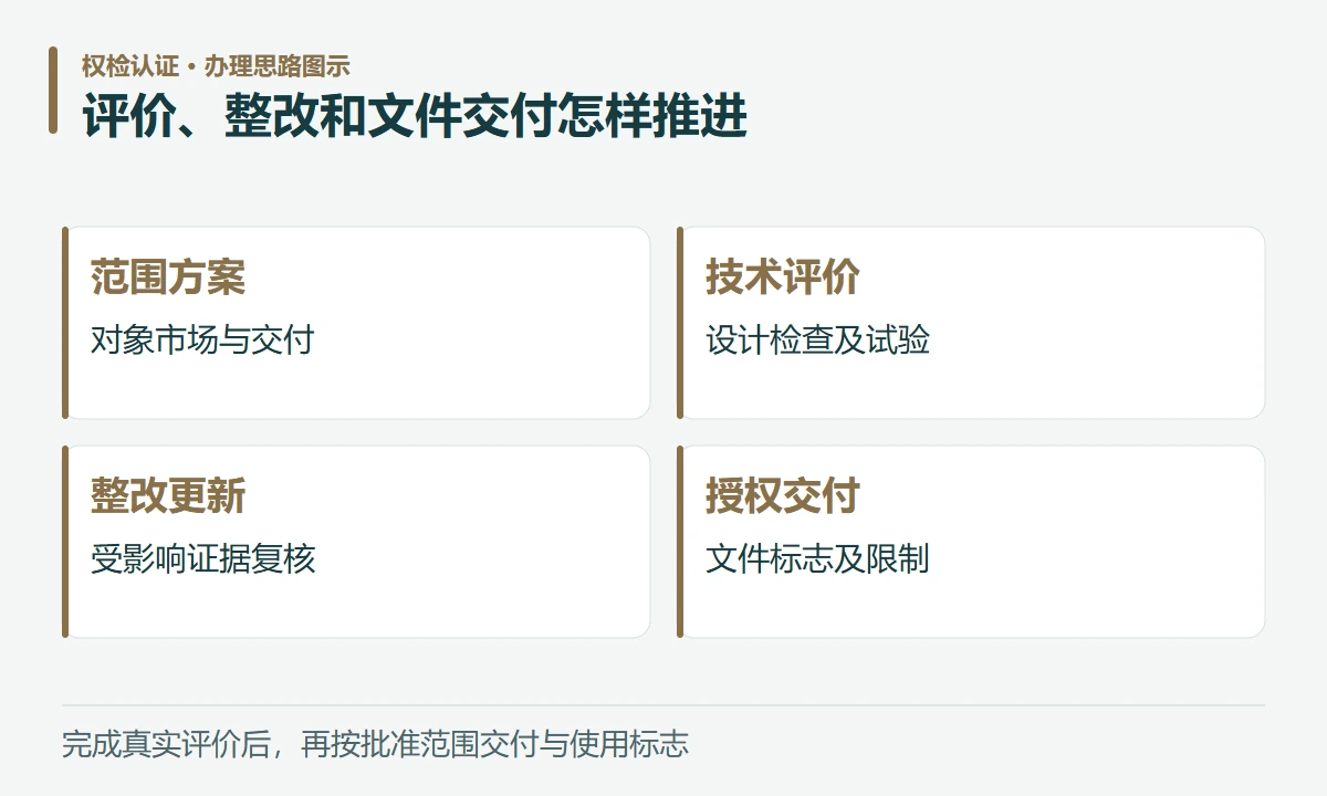 评价、整改和文件交付怎样推进:范围方案,对象市场与交付;技术评价,设计检查及试验;整改更新,受影响证据复核;授权交付,文件标志及限制
