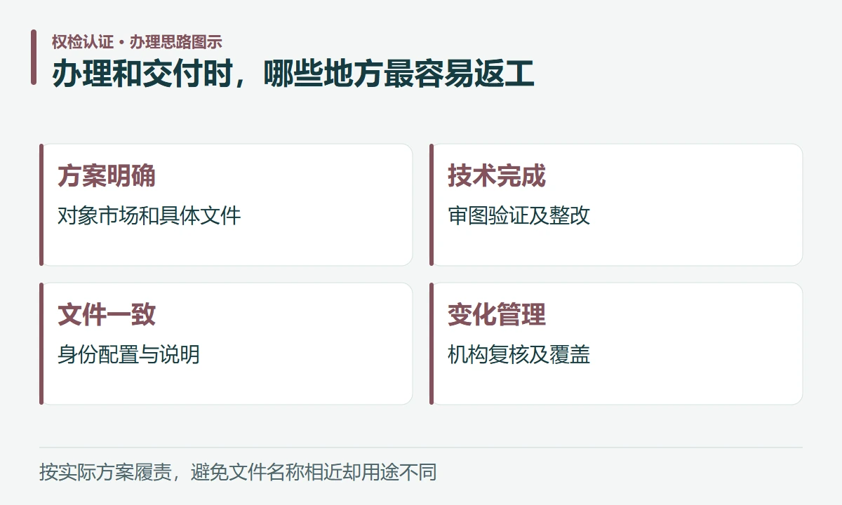 办理和交付时,哪些地方最容易返工:方案明确,对象市场和具体文件;技术完成,审图验证及整改;文件一致,身份配置与说明;变化管理,机构复核及覆盖