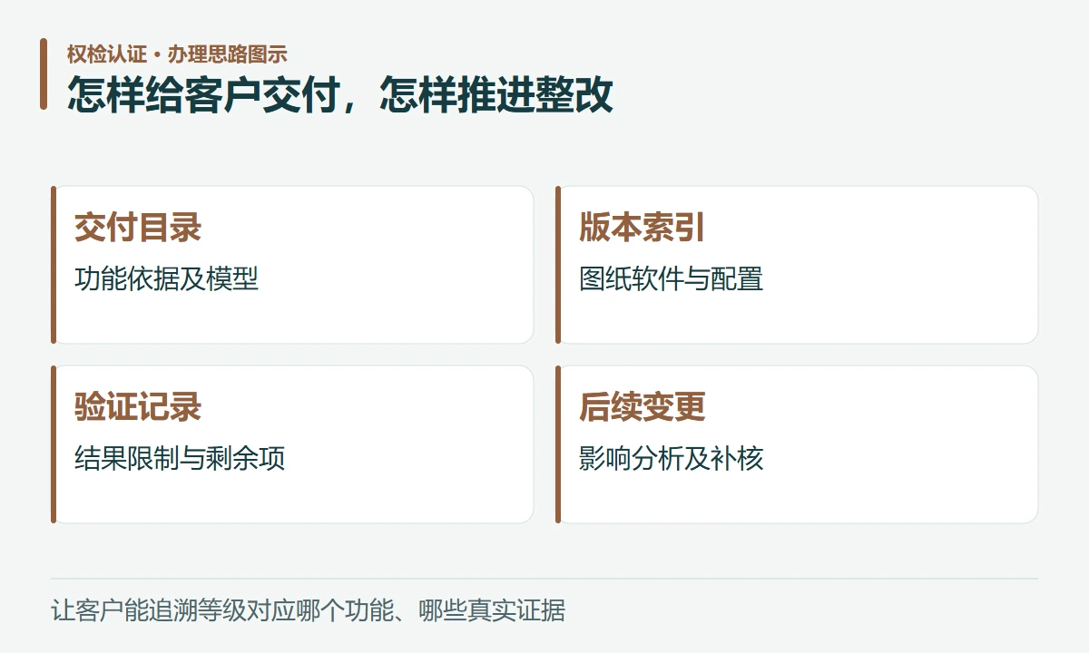 怎样给客户交付,怎样推进整改:交付目录,功能依据及模型;版本索引,图纸软件与配置;验证记录,结果限制与剩余项;后续变更,影响分析及补核