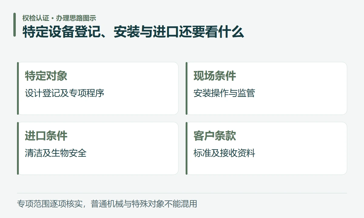 特定设备登记、安装与进口还要看什么:特定对象,设计登记及专项程序;现场条件,安装操作与监管;进口条件,清洁及生物安全;客户条款,标准及接收资料