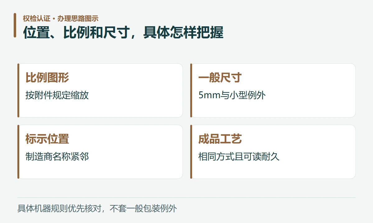 位置、比例和尺寸,具体怎样把握:比例图形,按附件规定缩放;一般尺寸,5mm与小型例外;标示位置,制造商名称紧邻;成品工艺,相同方式且可读耐久
