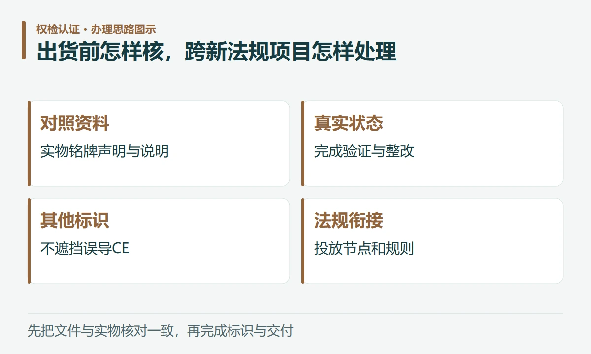 出货前怎样核,跨新法规项目怎样处理:对照资料,实物铭牌声明与说明;真实状态,完成验证与整改;其他标识,不遮挡误导CE;法规衔接,投放节点和规则