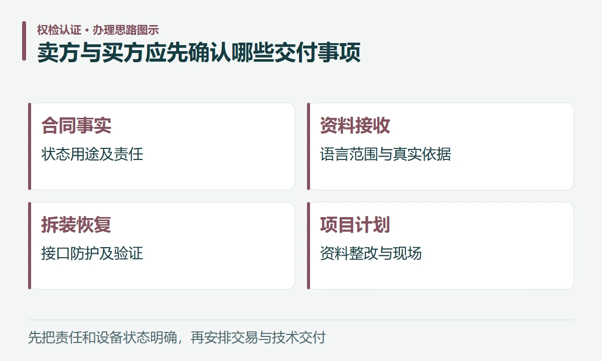 卖方与买方应先确认哪些交付事项:合同事实,状态用途及责任;资料接收,语言范围与真实依据;拆装恢复,接口防护及验证;项目计划,资料整改与现场