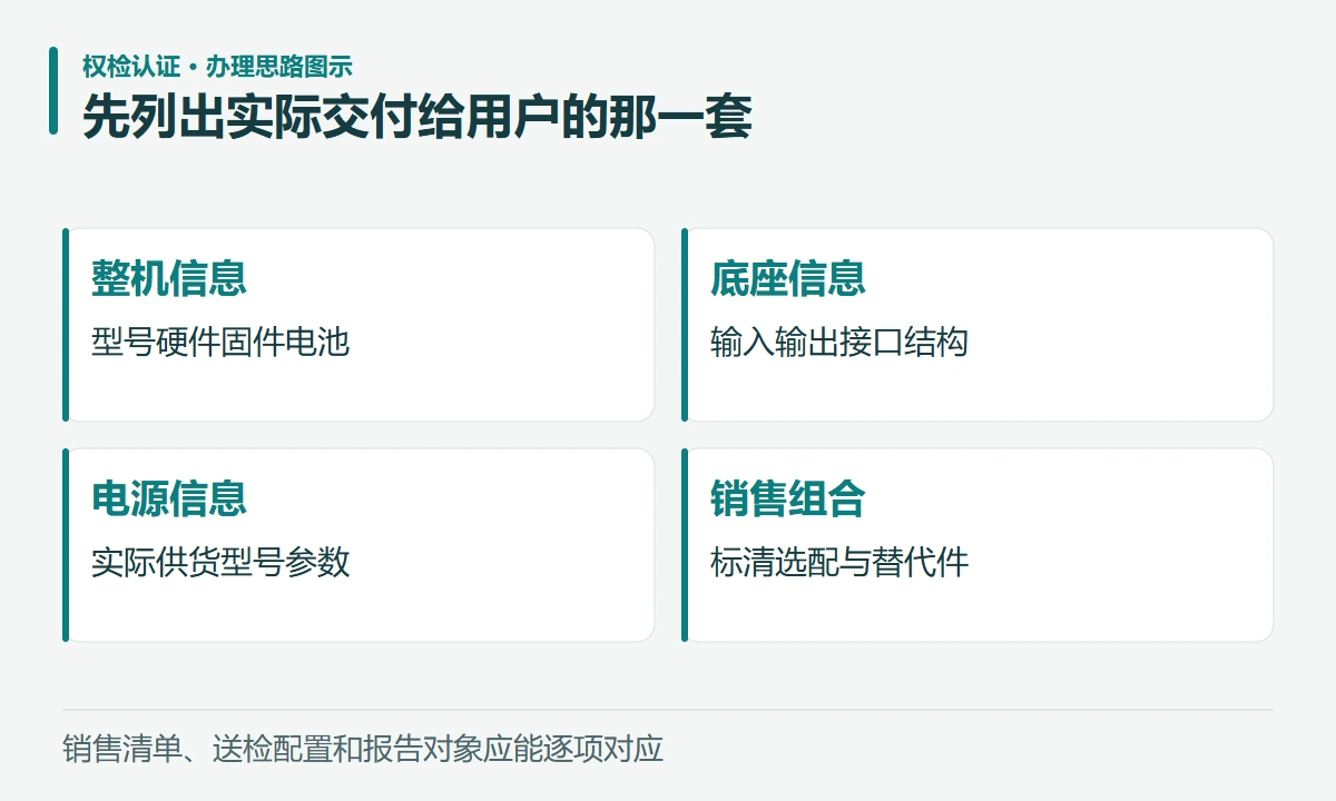 先列出实际交付给用户的那一套:整机信息,型号硬件固件电池;底座信息,输入输出接口结构;电源信息,实际供货型号参数;销售组合,标清选配与替代件