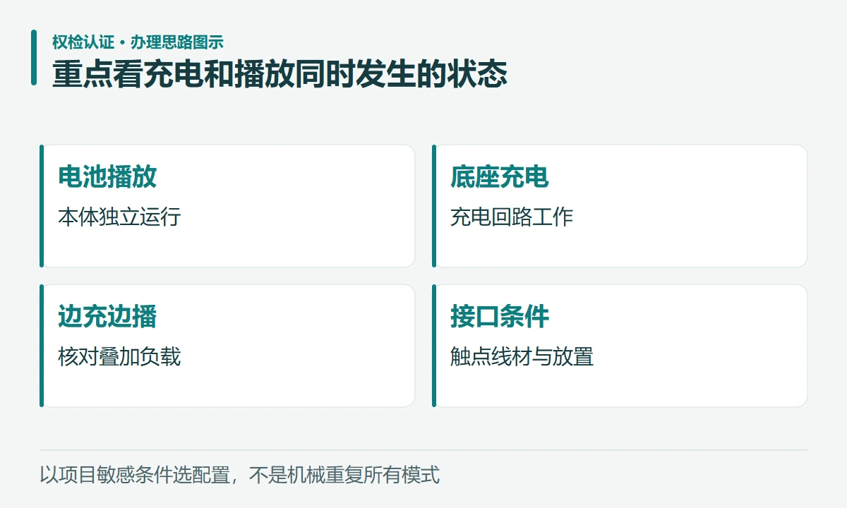 重点看充电和播放同时发生的状态:电池播放,本体独立运行;底座充电,充电回路工作;边充边播,核对叠加负载;接口条件,触点线材与放置