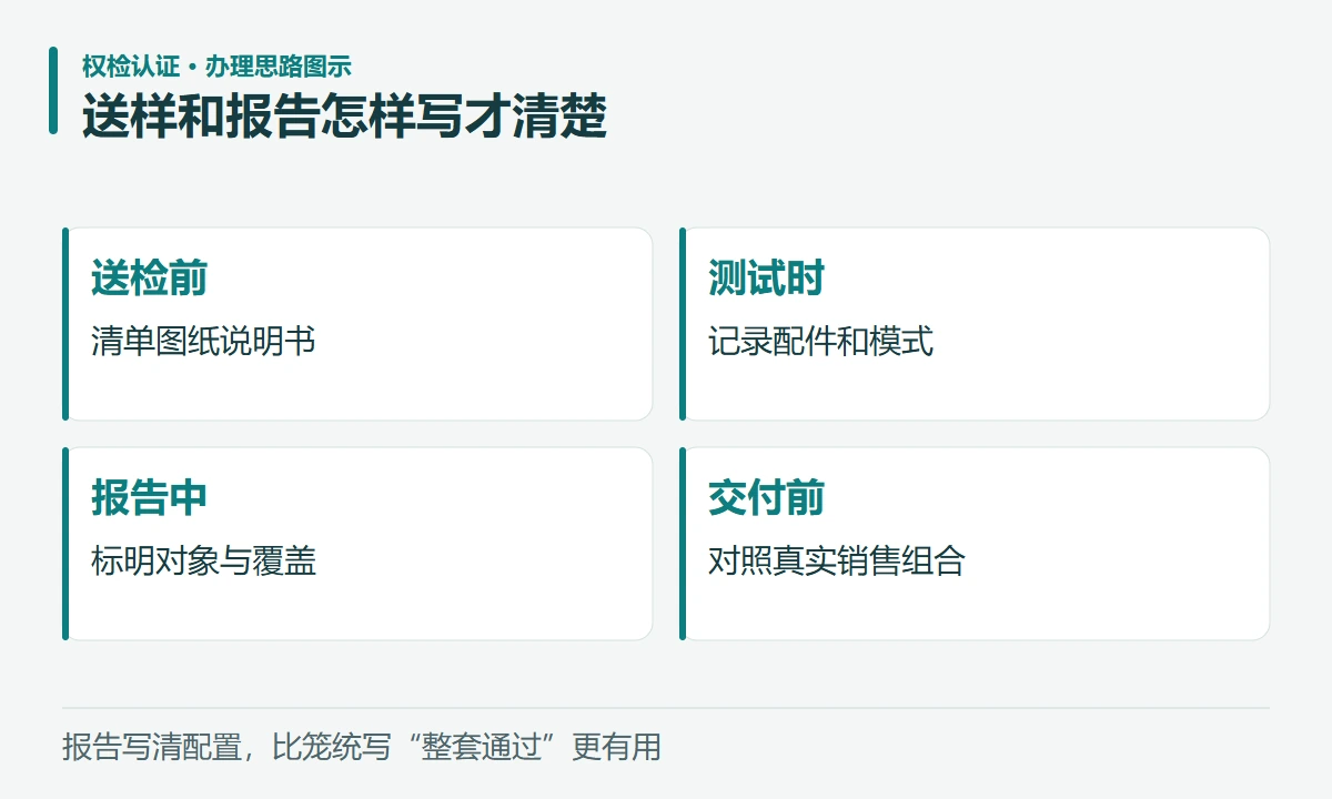 送样和报告怎样写才清楚:送检前,清单图纸说明书;测试时,记录配件和模式;报告中,标明对象与覆盖;交付前,对照真实销售组合