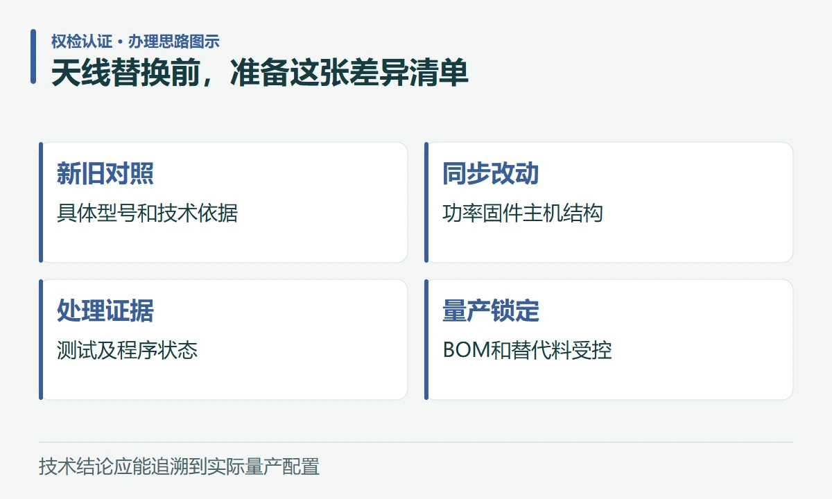 天线替换前,准备这张差异清单:新旧对照,具体型号和技术依据;同步改动,功率固件主机结构;处理证据,测试及程序状态;量产锁定,BOM和替代料受控