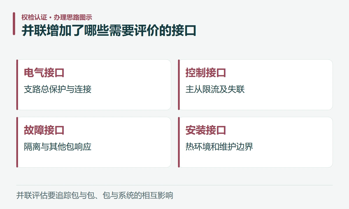 并联增加了哪些需要评价的接口:电气接口,支路总保护与连接;控制接口,主从限流及失联;故障接口,隔离与其他包响应;安装接口,热环境和维护边界
