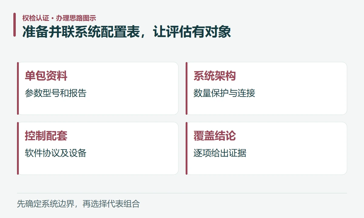 准备并联系统配置表,让评估有对象:单包资料,参数型号和报告;系统架构,数量保护与连接;控制配套,软件协议及设备;覆盖结论,逐项给出证据