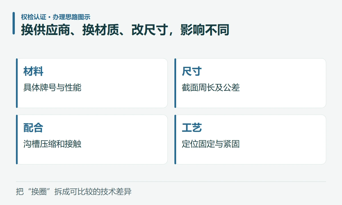换供应商、换材质、改尺寸,影响不同:材料,具体牌号与性能;尺寸,截面周长及公差;配合,沟槽压缩和接触;工艺,定位固定与紧固