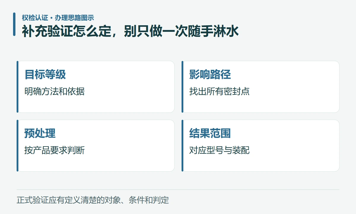 补充验证怎么定,别只做一次随手淋水:目标等级,明确方法和依据;影响路径,找出所有密封点;预处理,按产品要求判断;结果范围,对应型号与装配